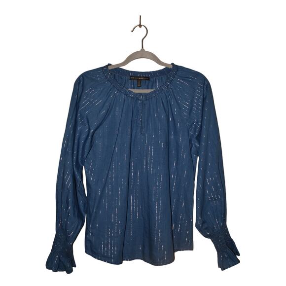 WHITE HOUSE‎ BLACK MARKET $78 Blue Metallic Stripe Peasant Blouse Small - Picture 1 of 4